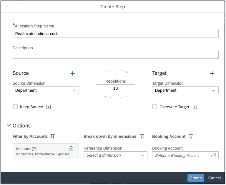 Setting up a step that reallocates IT expenses and administrative expenses for the department dimension.